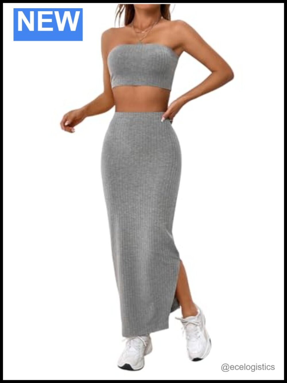 Women's 2 Piece Lounge Set Knit Tube Crop Top Split Midi Skirt Set